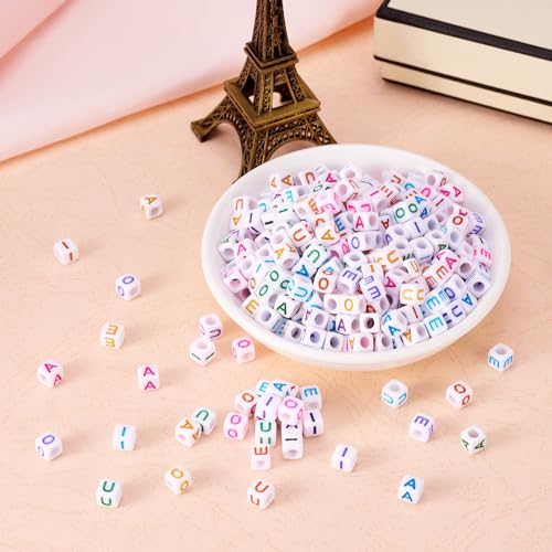 KISSITTY 500pcs 6mm Cube Acrylic Vowel Letter Beads Mix Color for DIY Jewelry Making