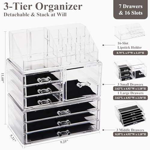 Sea Team 3-Layer Stackable Clear Makeup Organizer with Drawers, Acrylic Plastic Cosmetic Display Case, Jewelry Storage Box for Dresser, Bathroom, Vanity, Countertop (7 Drawers, 1 Lipstick Holder) - size: 7 Drawers, 1 Lipstick Holder