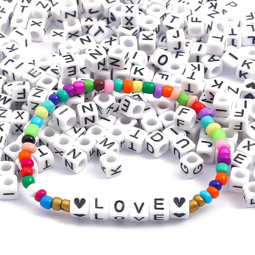 Acrylic Letter Beads 4mm Flat Round, 6mm Square - Beads for Making Friendship Bracelet or Necklace (28 Pieces of Square White with Black) - color: 28 pieces of square white with black