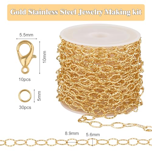 GTVOODX 16.4 Feet Gold Stainless Steel Chains for Jewelry Making Textured Cable Link Chain Spool for DIY Women Necklace Bracelet Jewelry Making Supplies with Lobster Clasps Jump Rings - color: Gold Textured Chains