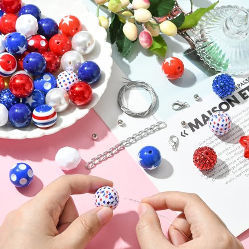 DanLingJewelry 50Pcs Random 20mm Acrylic Round Beads Independence Day Acrylic Beads Red White Blue Spacer Beads for Crafts Jewelry Making - color: 50pcs - Independence Day