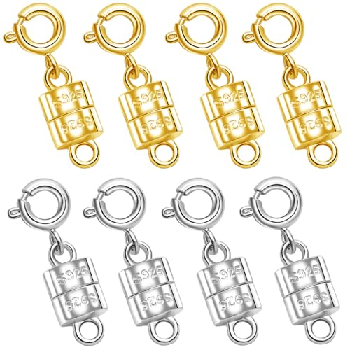 S925 Sterling Silver Magnetic Necklace Clasps and Closures, Magnetic Clasps for Necklaces,Magnetic Clasp Converter for Jewelry Making Supplies (4golden+4silvery) - color: 4golden+4silvery