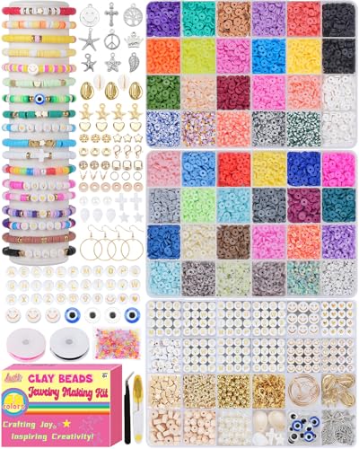 LovelyMoon Clay Beads Bracelet Making Kit 3 Box 48 Colors Friendship Bracelet Kit with Flat Beads Jewelry Making Kit with Charms for Adults Arts and Crafts DIY Gifts for Women Girls Teens - color: 48 Colors