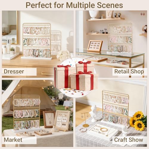 Mkono Bracelet Holder Metal Jewelry Organizer Display Stand Modern Necklace Holder with 60 Hooks Storage Rack for Hanging Bangle and Earrings Bedroom Dressing Table Decor Gifts for Women,Gold