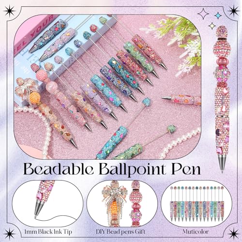 Tondiamo 45 Pcs Full Rhinestone Beadable Pens Bulk Set 15 Glitter Diamond Pens with Cards & Bags Fancy Beaded Pen for Beads DIY Cute Journalling Bling Ballpoint Craft Making(Shell Diamonds) - style: Shell Diamonds