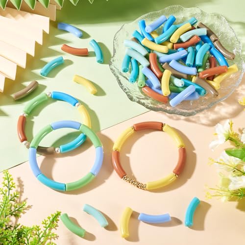 Acrylic Tube Beads for Bracelets Curved Chunky Bamboo Tube Beads Two Tone Bangle Acrylic Bead for Jewelry Making Earring Crafts - color: Blue-Green