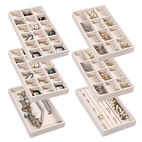 Frebeauty Jewelry Organizer Tray,Stackable Velvet Jewelry Trays,Drawer Inserts Earring Organizer For Women Jewelry Storage Display Case for Rings Stud Necklaces,Set of 6(Beige) - color: Beige, size: Set 6