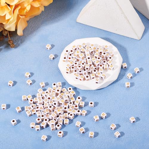 FASHEWELRY 500Pcs White Golden Letter Beads 4.5mm Square Alphabet Beads Acrylic Cube Letter R Beads for Friendship Bracelet Necklace Keychains Jewelry Making - color: Letter R