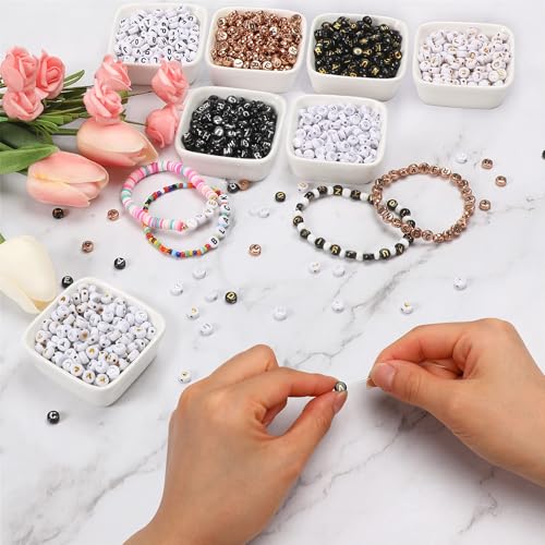 1900Pcs 7 Colors Round Letter Beads 4×7mm Acrylic Alphabet Beads with 1 Roll Elastic String for Bracelet Necklace Jewelry Making Supplies - color: 7 Colors-B