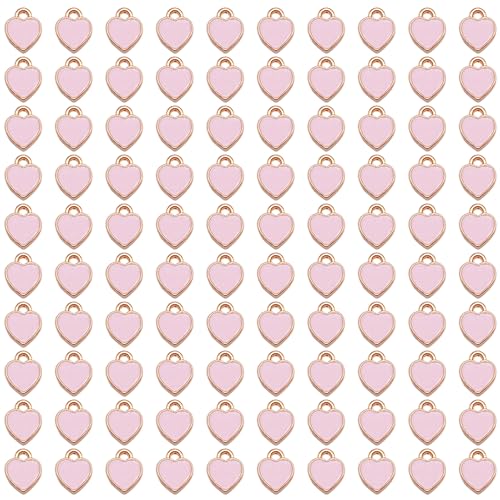 200 pcs Tiny Heart Enamel Charm Gold Plated Alloy Love Pendant Bracelet Earring Keychain Jewelry Crafts 6x8mm - color: Pink