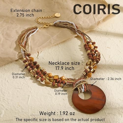 Coiris Shell Pendant Statement Strand Necklace for Women Boho Multi Beads Natural Stone Colorful Necklace Bohemian Handmade Chunky Shell Beaded Collar Jewelry for Women - color: Brown