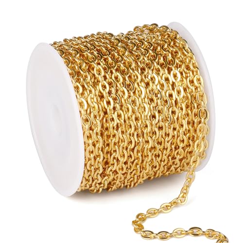 33 Feet 18K Gold Plated Cable Chains Roll, 3.5mm Width 304 Stainless Steel Gold Flat Cable Link Chains Spool Bulk for Jewelry Making DIY Craft - color: Gold Color, size: 3.5mm width