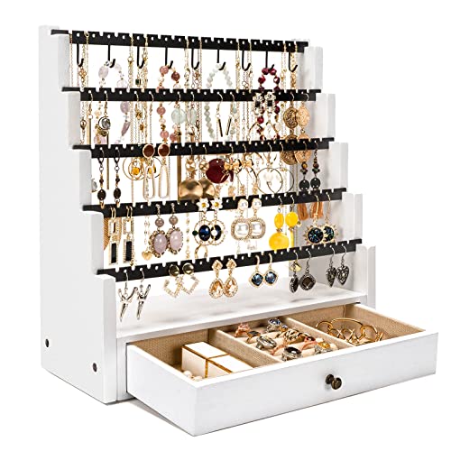 Pinzoveco Earring Organizer, 5 Layer Earring Holder Organizer with Necklace Holder Pole, Rustic Wood Jewelry Organizer Stand Display for Stud Earring Bracelet Necklace Ring, 175 Earring Holes - color: White