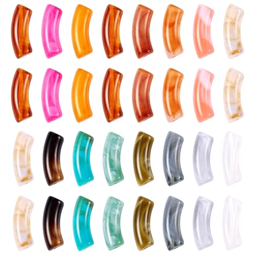 Spritewelry 30 pcs Acrylic Curved Tube Beads Two Tone Chunky Bangle Bamboo Tube Beads Imitation Gemstone Curved Bracelet Beads for Jewelry Making DIY Crafts - color: Orange-Opaque