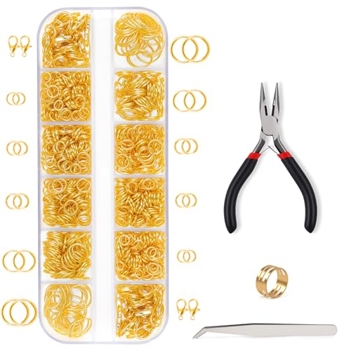 Phinus 1200P Gold Jump Rings, Jewelry Repair Kit with Jump Ring Pliers and Open Jump Rings, Assorted Sizes Jump Ring for Jewelry Making, Necklace, Keychains, Earrings, DIY Craft Making