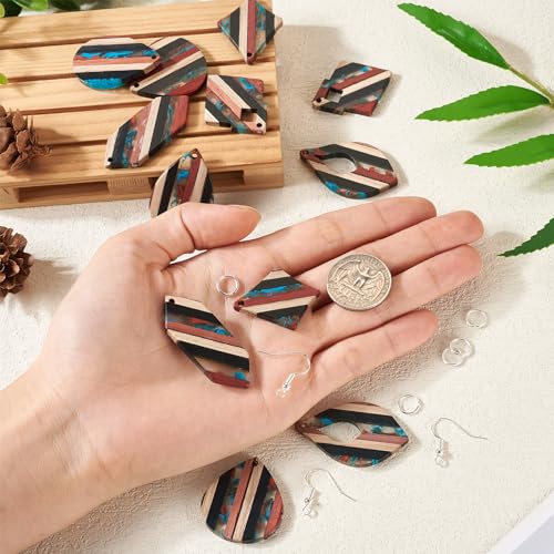 FASHEWELRY Striped Resin Wood Earrings Charms Rhombus Teardrop Kite Wooden Earring Blanks Earring Findings Wooden Earring Pieces for Jewelry Making, 52pcs/box - color: Striped-6 shapes