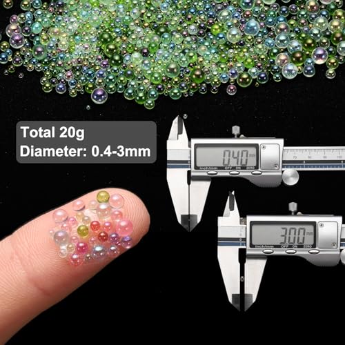 Iridescent Glass Tiny Bubble Beads, 0.4-3mm 20g No Hole Micro Mini Round Green Water Droplets Beads - Applications: for Resin Filler, Nail Art, Dollhouse Bath Tub, 2-Pieces - color: Green, size: φ0.4-3mm