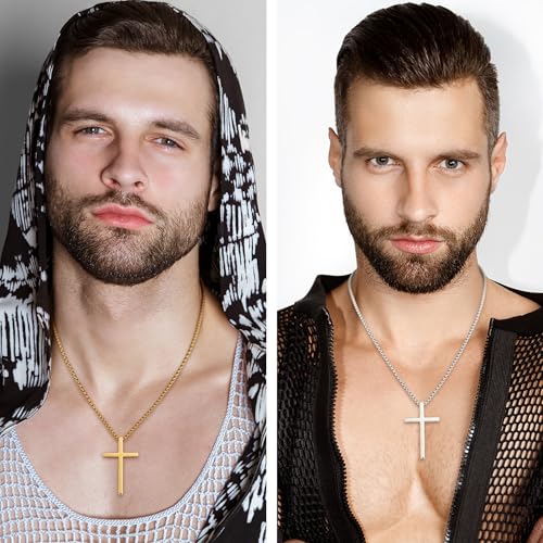 Romass 2 Pcs Cross Necklace for Men Boys,Stainless Steel Pendants Silver Black Gold Crosses Chain Jewelry Gifts Box 16-30 inches - size: 18 in, style: 2Pcs(silver+gold) 1.7 "* 1.0'' pendant