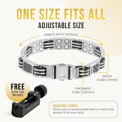 MagnetRX® Magnetic Bracelets for Men – Effective Mens Magnetic Bracelet with Carbon Fiber Inlay – Adjustable Length with Included Sizing Tool (Silver) - color: Silver Carbon Fiber (2X Strength)