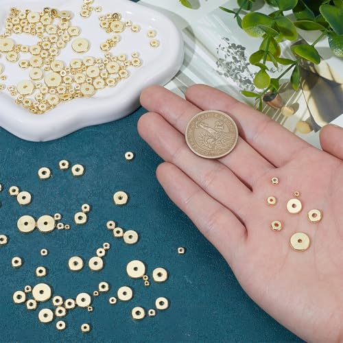 Beebeecraft 190Pcs Disc Spacer Beads 3/4/5/6/7/8/10mm 18K Gold Plated Brass Flat Round Spacers Rondelle Heishi Beads for Summer Stackable Bracelet Necklace Jewelry Making