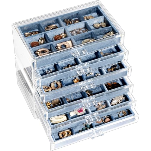 Lolalet Earring Holder Organizer Box Jewelry Storage with 6 Drawers, Clear Acrylic Stackable Earring Case with Adjustable Velvet Trays for Women on Dresser Vanity -Blue, 6 Layers - color: Blue, size: 6 Layers
