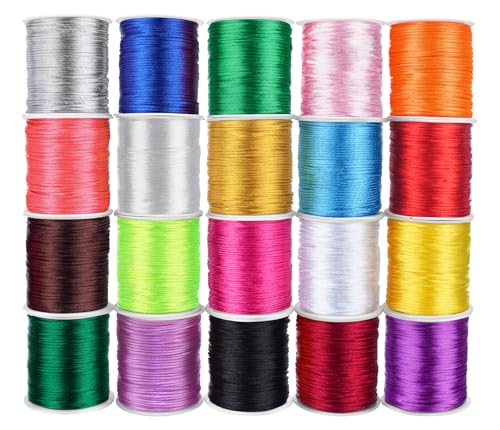 20 Rolls 656 Yards 1mm Rattail Satin Nylon Trim Cord Silk Cord Beading String for Kumihimo, Braided Bracelets, Pendants Necklace, Macrame Craft, Keychains Lanyards, Jewelry Making