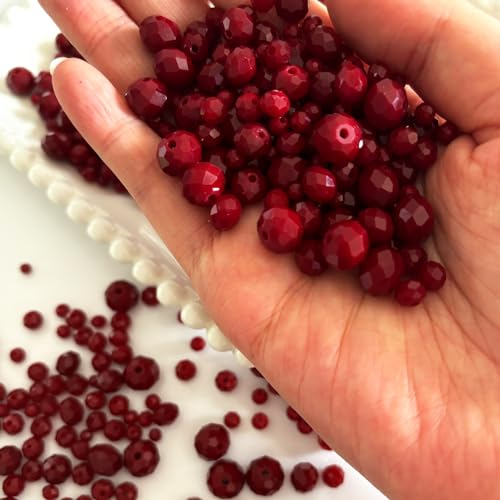 780Pcs Briolette Crystal Glass Beads for Jewelry Making, 3-10mm Faceted Red Crystal Beads for Bracelets, Rondelle Glass Beads Bulk for Crafts Wine Charms Wind Chimes Suncatchers - color: Red