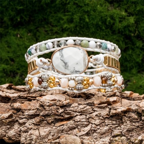 YGLINE Women Boho Handmade Natural Stone Crystal Leather Bead Wrap Bracelets Collection - color: Howlite-3w