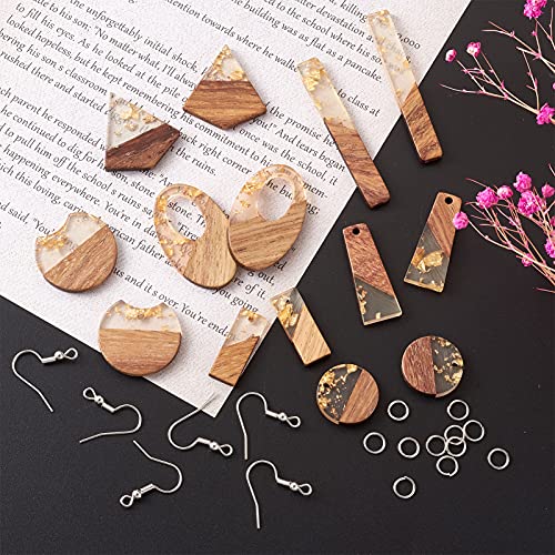 Beadthoven 60pcs Resin Wood Charms Earring Pendants Making Kit Gold Earring Charms DIY Boho Wood Blanks Rectangle Round Teardrop Geometry Resin Wooden Pieces for Jewelry Making with Earring Hooks - color: 0Gold Foil Kit