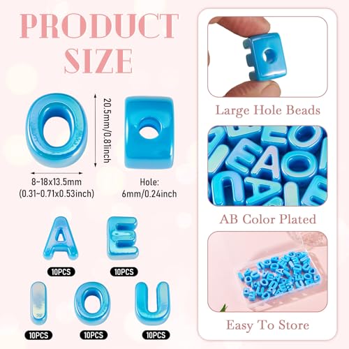 FASHEWELRY 50Pcs Large Acrylic Letter Beads UV Plating Iridescent Vowel Alphabet Beads 3D Initial Slider Bead with Horizontal Hole for Bracelets Necklace Keychains Jewelry Making - Sea Blue - color: Sea Blue