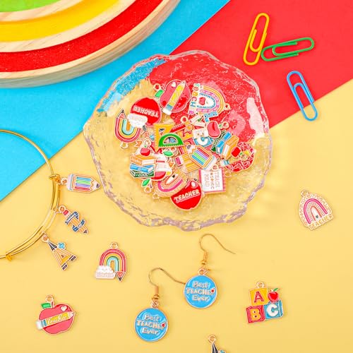 MARFOREVER Teacher Charms, 40Pcs/20 Pairs Student School Charms for Jewelry Making, Assorted Pencil Book Globe Enamel Charm Pendants for Bracelet Necklace Earrings Making Accessories - style: Teacher