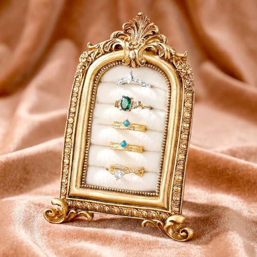 Liliaafar Vintage Ring Holder Frame Style Gold Ring Wedding Display Suede Jewelry Box Stand Frame Earring Tray Anniversary Engagement Baroque Organizer Photograph Prop for Women Birthday Christmas - color: Gold, style: Frame