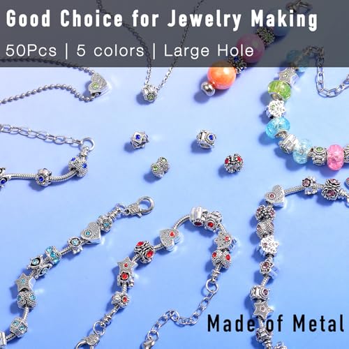 50pcs Large Hole Metal Spacer Beads for Bracelet Necklace Jewelry Making, Rhinestone Focal Beads for Pen Hair Keychain, Mixed Style (50Pcs Rhinestone) - color: 50Pcs Rhinestone