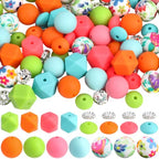 1 Box 97PCS Silicone Beads Kit Focal Round Hexagon Rondelle Rhinestone Assorted Pink Orange Green Spacer Loose Bead Charm Bulk for Jewelry Making Necklace Bracelet Keychain Diy Craft Supply
