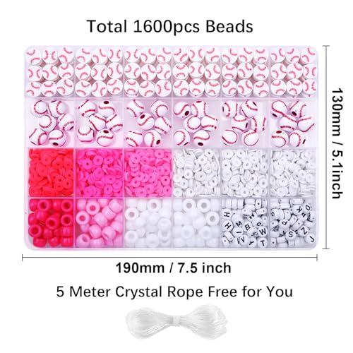 1600PCS Baseball Sports Ball Polymer Clay Beads Charms for Friendship Bracelets Making Kit Cute Fun Beads DIY Arts Crafts Birthday Gifts for Kids Girls Baseball Bead - color: C2#Style 4