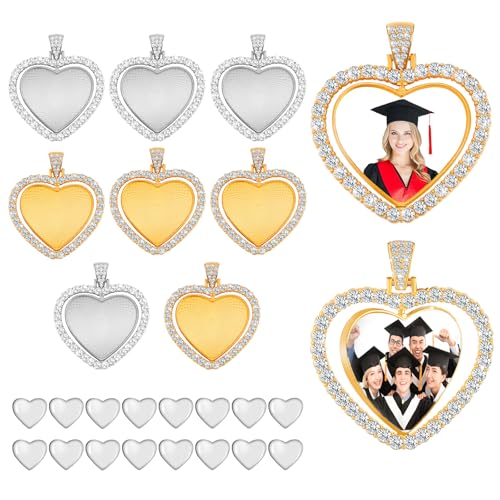 Hicarer 24 Pcs Rhinestone Pendant Trays Set Including 8 Heart Shape Double Sided Blank Pendant Charms with 16 Glass Domes Blank Discs Necklaces Halloween Jewelry Making - color: Gold, Silver