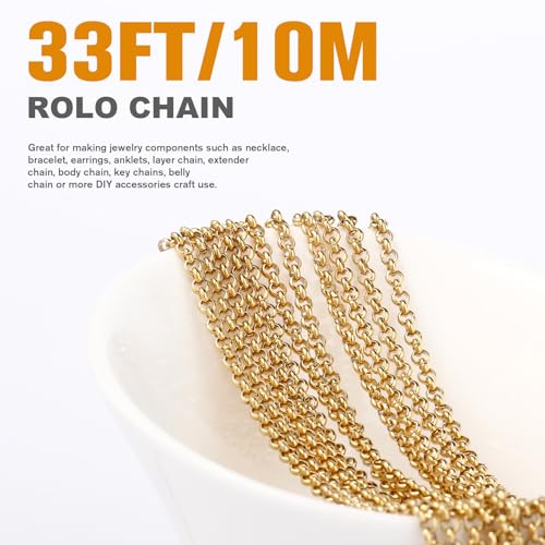 33FT 18K Gold PVD Plated Rolo O Chains Roll, 2.5mm Gold Stainless Steel Round Rolo Chain Spool Bulk for Jewelry Making - color: gold, size: 2.5mm