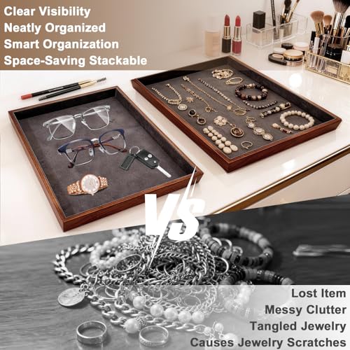 Large Solid Wood Jewelry Watch Tray, Velvet Jewelry Board Display Trays for Key Wallet Ring，Stackable Wooden Jewelry Drawer Organizer Showcase Jewelry Holder(Royal Blue) - color: Blue