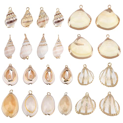 SUNNYCLUE 1 Box 24Pcs 6 Style Electroplate Spiral Seashells Charm Craft Charms Connectors Conch Shells Charms with Plated Golden Loop Bail for Bracelet Necklace Making Christmas Craft Gift Supplies - color: 1 Box 24pcs Spiral Seashells Charm