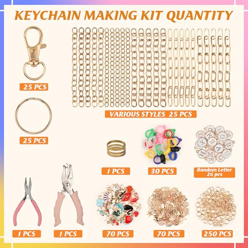 Starry 524 Pcs Keychain Making Kit, Including 25 Extender Chain 25 Keychain Clips 166 Charms Jewelry Plier Making Supplies for DIY Crafting and Jewelry Making - color: 524 Pcs