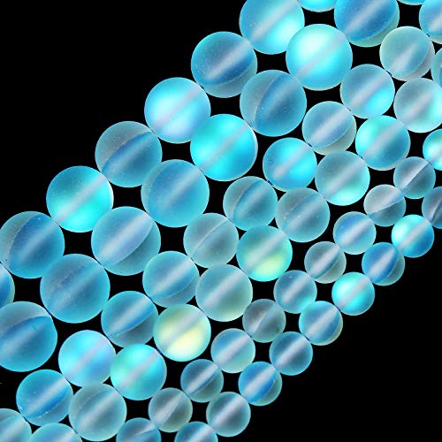 Matte Aquamarine Aurora Crystal Glass Beads, 6MM Frosted Glitter Shining Mermaid Round Loose Beads, Rainbow Holographic Synthetic Moonstone for Jewelry Making DIY Bracelet - color: Aquamarine, size: 6MM