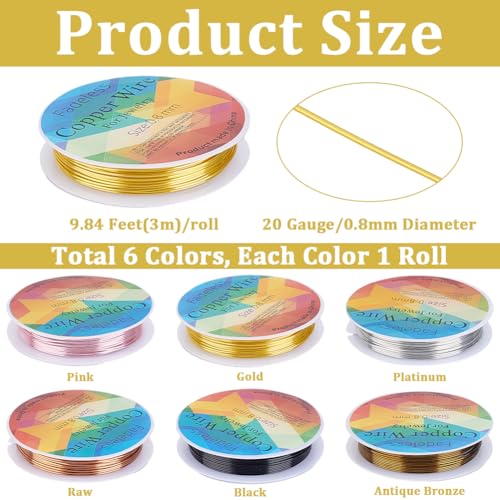 Beebeecraft 6 Roll Jewelry Beading Wire 6 Colors Dead Soft Copper Wire for Jewelry & Electrical Crafts (3M)