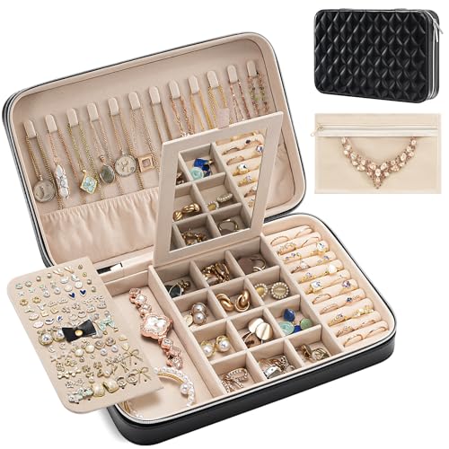 Lolalet Travel Jewelry Case for Women Girls, Travel Jewelry Organizer Box with Mirror & Clear Storage Bag, Small Portable Earring Necklace Bracelet Ring Case, Birthday Valentine Gifts -Large, Black - color: Black, size: Large (10"W*6.69"D*2.17"H)