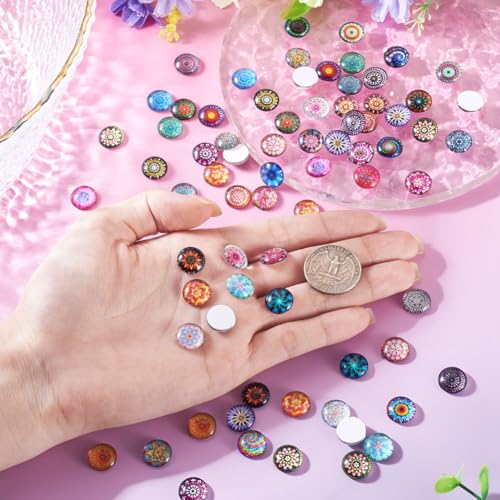 100Pcs/Set Flat Round Transparent Glass Cabochons with Pattern Eye Flatback Glass Dome Flatback Cab Beads for Photo Cameo Jewelry Making Necklace Ring DIY Crafts 12x4mm Random Kaleidoscope - color: 100Pcs-12x4mm-Random Kaleidoscope