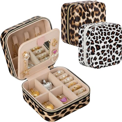 Nosiny 2 Pack Mother's Day Travel Jewelry Box with Mirror Small Laser Jewelry Case Organizer for Women Gift Rings Earrings(Leopard Print) - color: Leopard Print