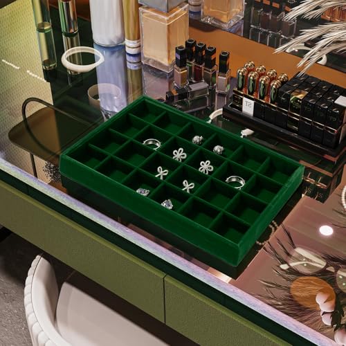 24 Girds Velvet Jewelry Ring Tray Earring Organizer Tray Jewelry Organizer Display Trays for Ring Earrings Storage (Green) - size: 24 Grid