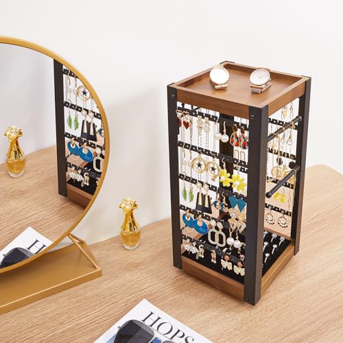 keomaisyto Rotating Earring Holder, Jewelry Holder Organizer with Ring Tray/Necklace/Bracelet Hooks, 360°Earring Organizer with Stable Bamboo Base for Jewelry Display (Patent Pending) - color: Black