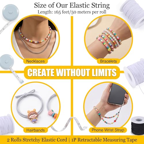 2 Rolls Stretchy Elastic Cord & Retractable Measuring Tape Set, 1.0mm x 110 Yards Beading String for Jewelry Making, Bracelets, Necklaces (Black + White) - size: White Black (1.0mm)