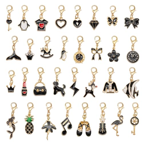60PCS Enamel Charms Set with Golden Lobster Clasp, Assorted 30 Styles Animals Fruit Moon Star Clip-on Charm Pendants for Jewelry Making and Keychain Purse Decoration Crafts - color: Black