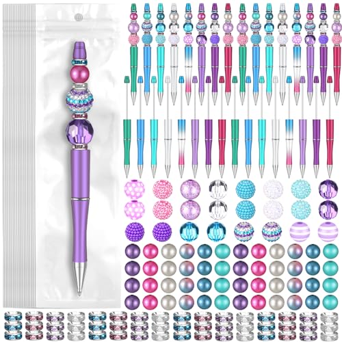 Cholemy 24 Sets Assorted Plastic Beadable Pens Multicolor Bubblegum Crystal Spacer Beads Black Ink Ballpoint DIY Bead Pen Set for Women Office Gifts(Stylish) - style: Stylish